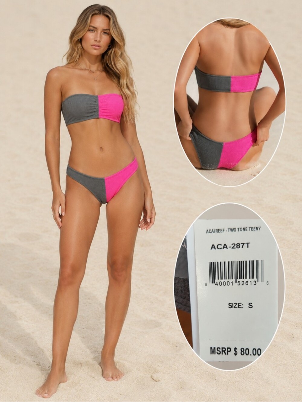 PILYQ acai reef two tone Cheeky bikini bottom. Fuschia/ gray. Sexy. NWT. Sz S